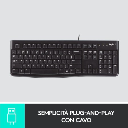 Logitech K120 Tastiera con Cavo per Windows, USB Plug-and-Play, Dimensioni Standard, Resistente agli Schizzi, Barra Spaziatrice